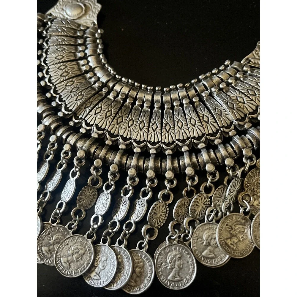 Vintage Metal Afghan Arabic Ship Coin Pendants Choker Necklace Tribal Coin Dance